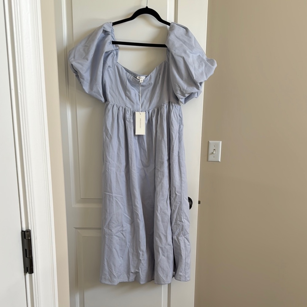 Light Blue Midi Dress with Puff Sleeves